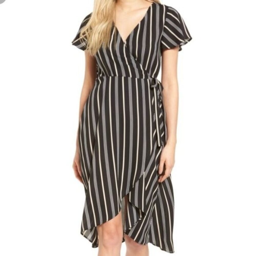 Socialite Dress Striped Wrap Midi Womens XS VNeck Short Sleeve Black White